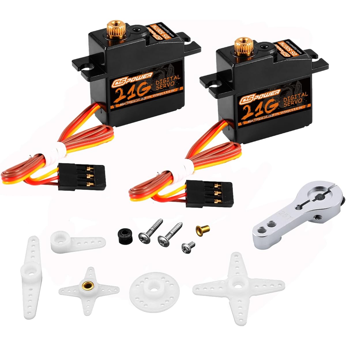 DSPOWER 2pcs 21G Mini Digital Servo Steering Gear Full Metal Gear Micro RC Servo Motor Kit with 25T Servo Horn for 1/18 1/16 RC Car Model Boat Fixed Wing Helicopter Airplane Robot Toy