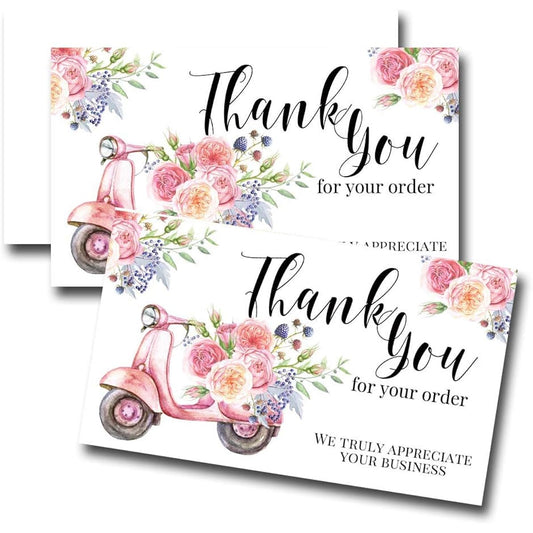 AmandaCreation Fun Floral Pink Moppet Thank You Appreciation Package for Small Businesses 2" x 3.5" Single Sided Insert Cards, 100 Count