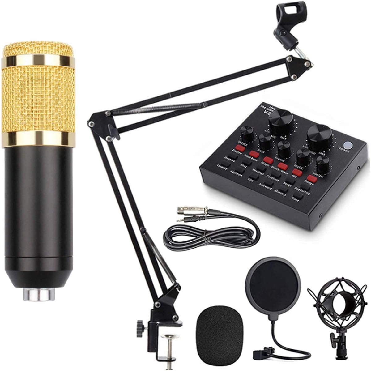 Metal Condenser Microphone Set, Noise Reduction Microphone, Sound Card with Voice Changer, Used for Recording, Live Broadcasting, Karaoke Singing DDF