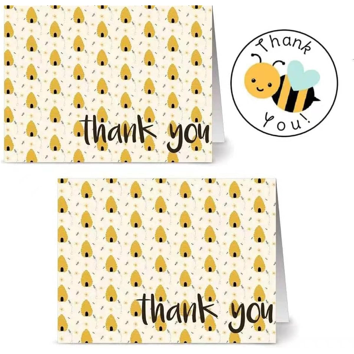 Bumblebee Thank You Card Set - Set of 50 A6 blank cards with glossy printed design and envelopes - 50 cute stickers - Perfect kit for baby showers, birthdays, graduations, and housewarming parties