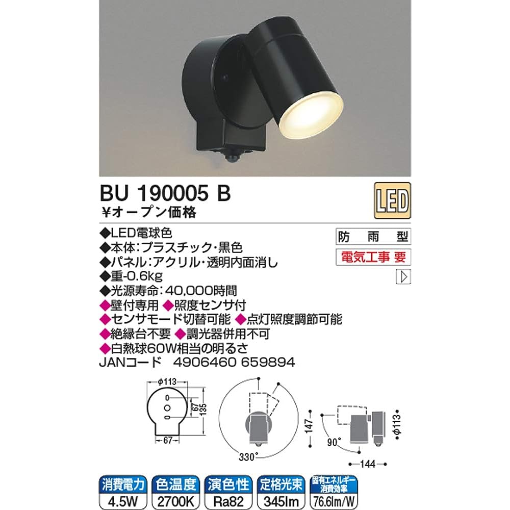 Koizumi LED Outdoor Spotlight Rainproof with Human Sensor BU190005B
