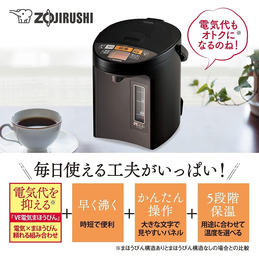 Zojirushi Electric Pot 2.2L Yuyu Energy Saving High Grade 5 Temperature Settings Brown CV-GA22-TA
