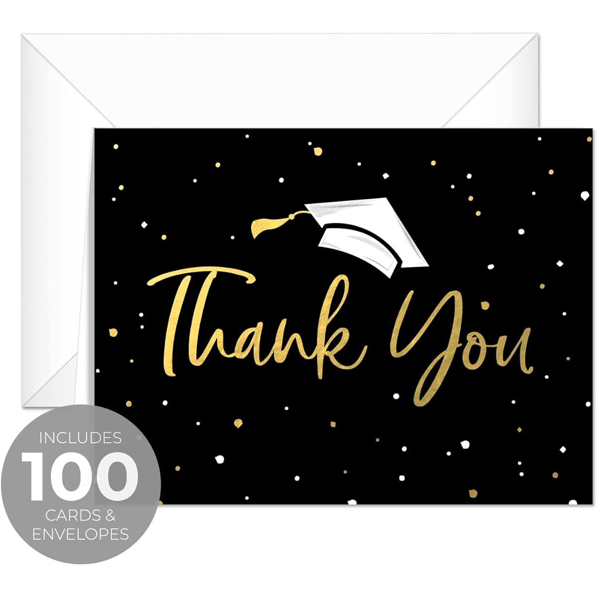 Faux Gold Confetti Graduation Thank You Cards / 100 Bulk Note Cards with White Envelopes / 4 1/4" x 5 1/2" High School College Graduation Greeting Cards / Made in the USA