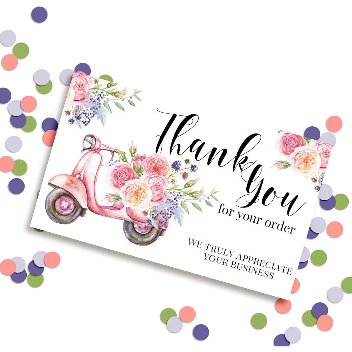 AmandaCreation Fun Floral Pink Moppet Thank You Appreciation Package for Small Businesses 2" x 3.5" Single Sided Insert Cards, 100 Count