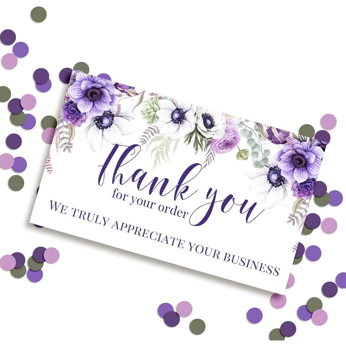 AmandaCreation Purple Floral Thank You Card Inserts for Small Businesses, 2" x 3.5" Single Sided Insert Cards, 100 Count