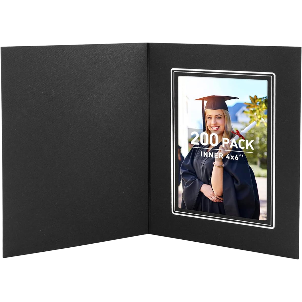 Golden State Art 200 Pack 4x6 Photo Folders, Cardstock Photo Frames, Paper Photo Frame Cards, Greetings/Invitations for Special Events: Graduation, Christmas, Weddings (Black with Silver Lining)