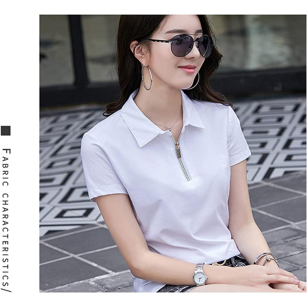 [Rortyno] Polo Shirt, Summer Clothing, Women's, Plain, Golf Shirt, Zip Up Polo T-Shirt, Half Zip, Tennis Wear, Sportswear, Work Wear, Collared Short Sleeve Shirt, Cotton Polo Shirt