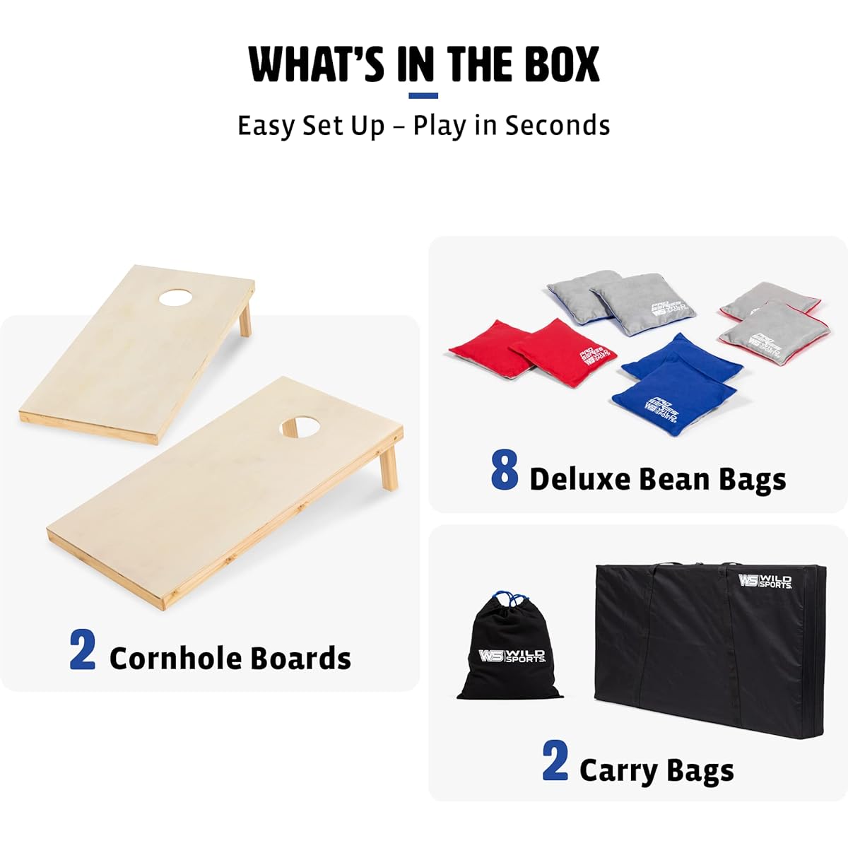 Wild Sports Cornhole Outdoor Game Set 2' x 3' 2' x 4' American Flag or Natural Wood Options Includes Carry Bag Perfect for Backyard Beach Tailgating Add an Extra Bag