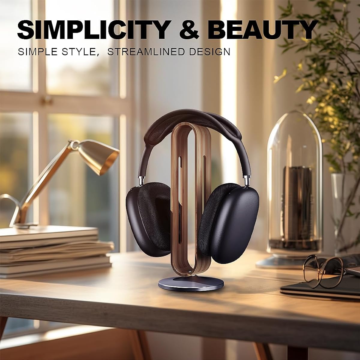 Aaoera Headphone Stand, Headphone Holder, Headset Stand, Desk Headphone Stand, Bamboo & Aluminum Alloy, Anti-Slip Silicone Pad, Compatible with Airpods Max, All Headphones (B-Gray)
