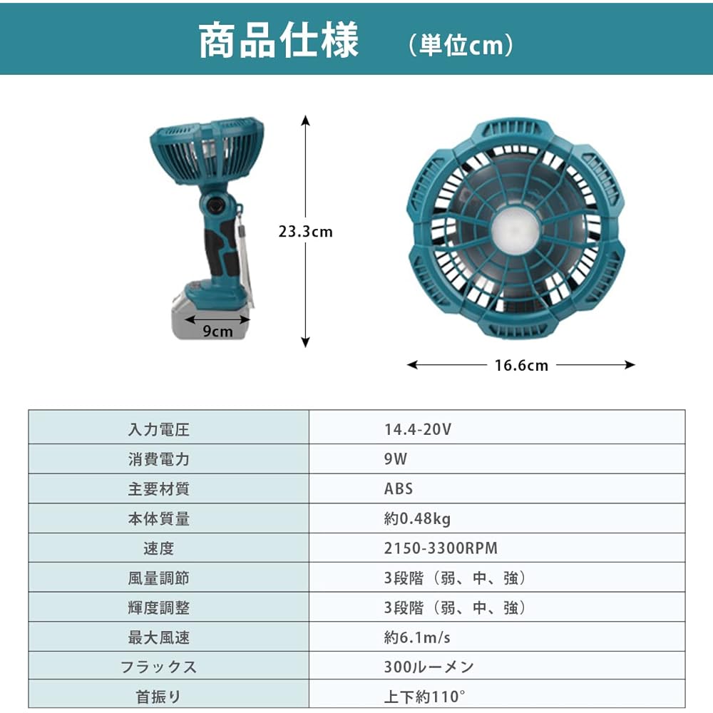 Tabletop Fan, Rechargeable USB Small Fan, Quiet Office Cordless, Mini Fan, Foldable, 3 Levels of Air Flow Adjustment, Oscillating Head, Remote Control with LED Light, Compatible with Makita 14.4/18V Battery, Can be Used at Home/Office/In the Car/Washroom
