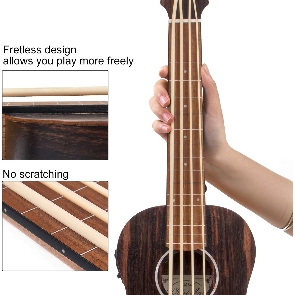 AKLOT Bass Ukulele, 30 Inch Ukulele Bass EADG Soft Case Strap Pick Included (Ebony Brown)