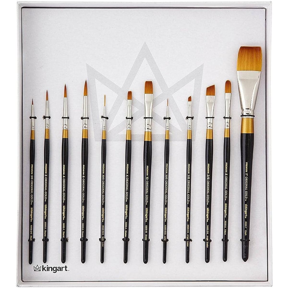 KINGART 1000A Original Gold - Golden Taklon 12-Piece Paint Brush Set Assorted Black Silver