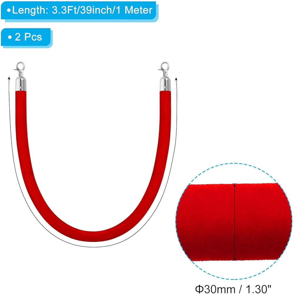 PATIKIL 3.3ft Red Velvet Stanchion Rope 2 Pack Crowd Control Barrier Rope with Snap Hook Post Stand Cue Divider for Hotel Theater Silver