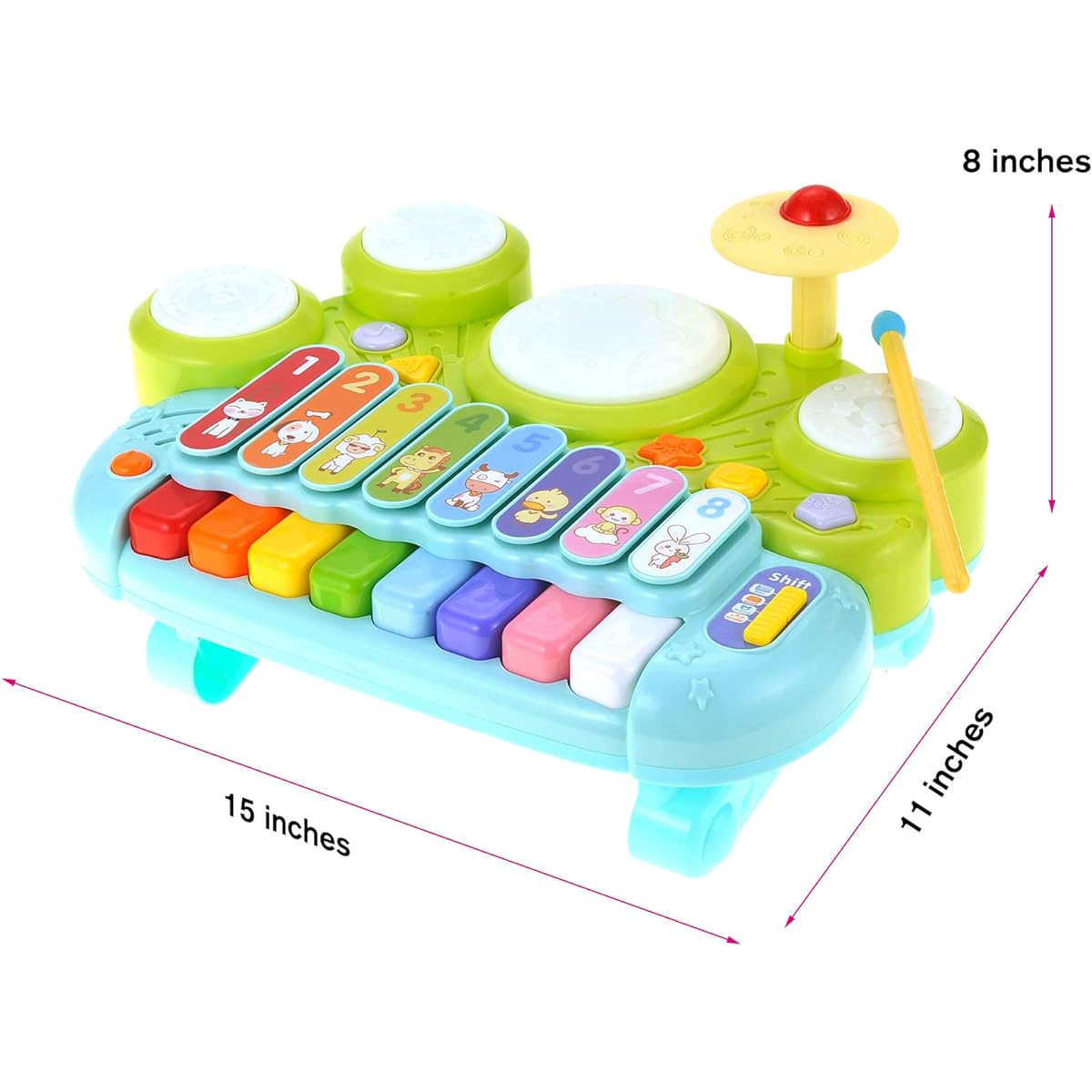 PowerTRC 3-in-1 Musical Instrument Toy for Babies & Toddlers | Electronic Piano Keyboard with Xylophone and Drum Set | Light and Sound Learning Toy