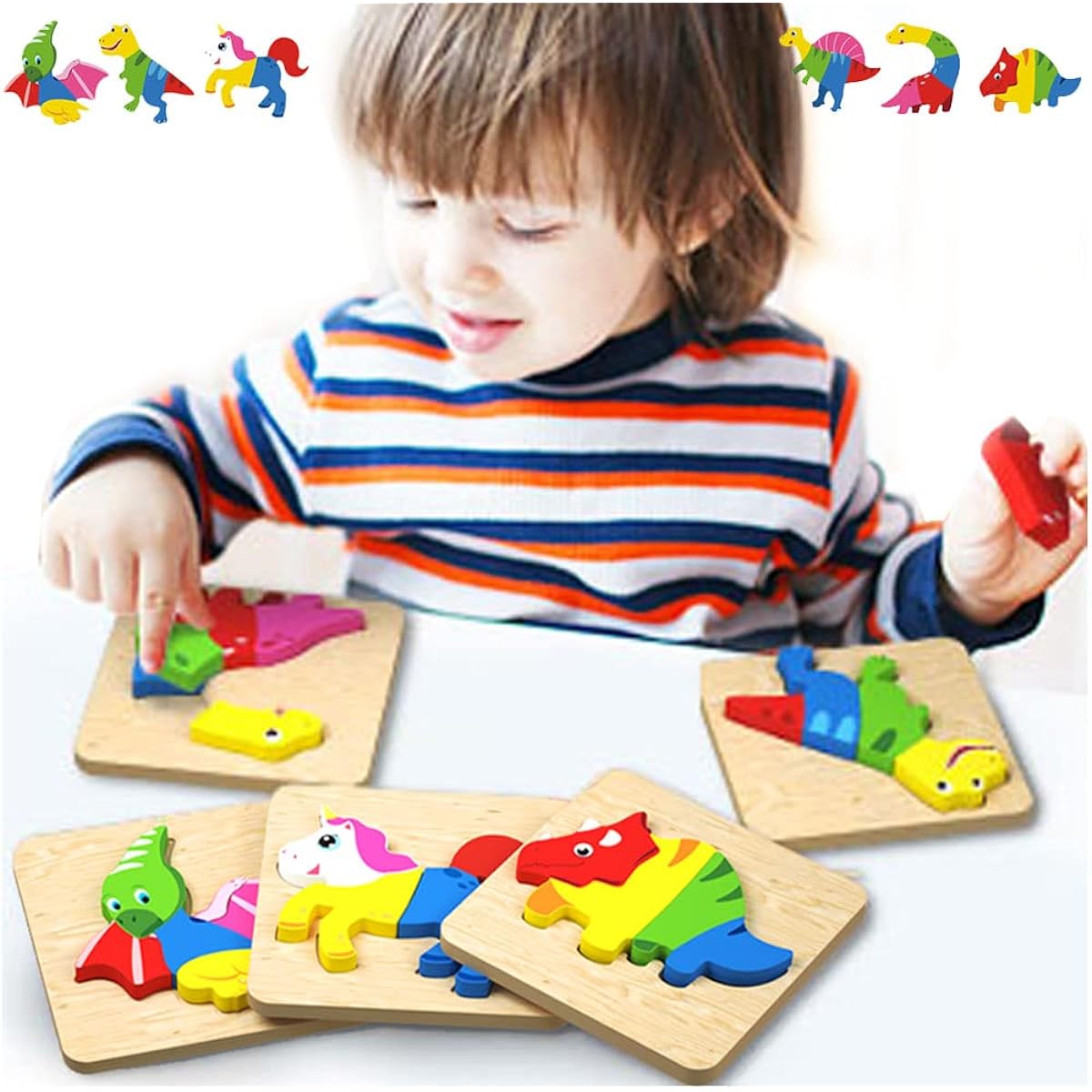 Wooden Puzzle for Toddlers 1-3, Dinosaur and Unicorn Toys for 1 Year Old Boys and Girls, 3 Year Old Girls, Kids Learning Toys for 2-3 Years