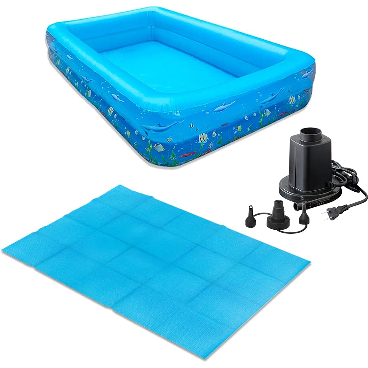 FIELDOOR Giant Family Pool, 2.6m long [Marine] & AC powered electric air pump & folding pool mat [Blue] Vinyl pool, home pool, jumbo pool, large size