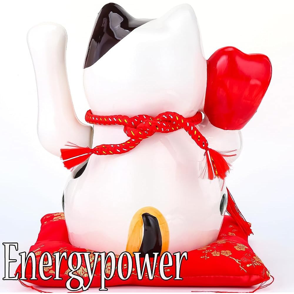 EnergyPower Electric Maneki Cat with Zabuton, Maneki Cat, Ceramic Hand-painted, Handmade, Cute, Battery-operated, Great for Opening Celebrations and Opening Celebrations, Automatically Waving Your