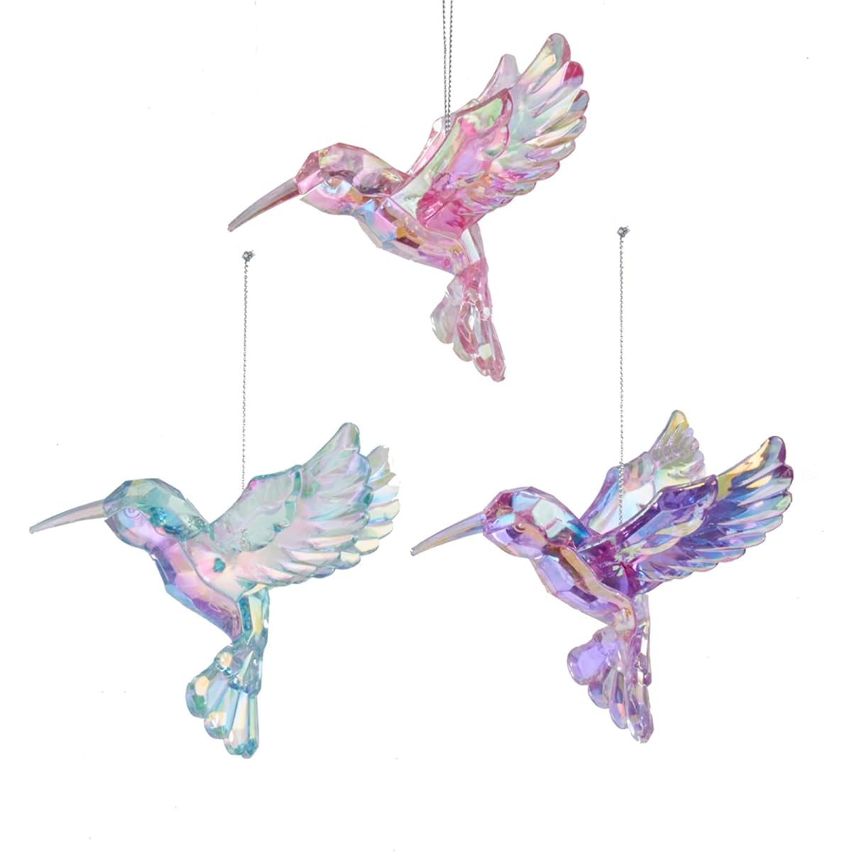 Rainbow Hummingbird Christmas Holiday Ornaments, Set of 3 - Pink, Teal and Purple
