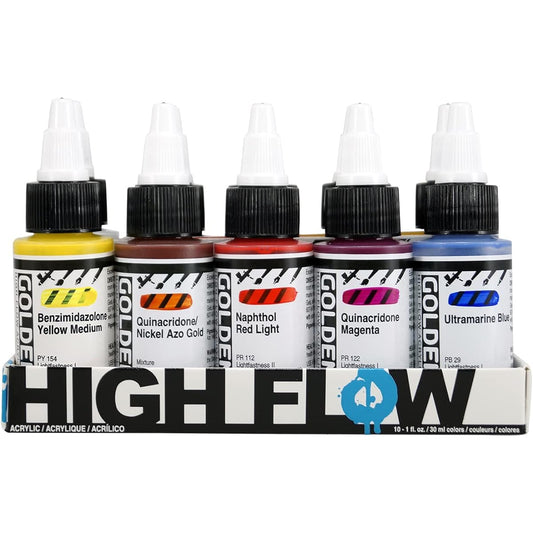 Golden High Flow Acrylic Assorted 10 Color Set Burnt Sienna Carbon Black Queen Acridone Magenta Hansa Yellow Medium Queen / Nickel Azo Gold Naphthol Red Light Phthalo Blue Phthalo Green Ultra Blue Titanium White