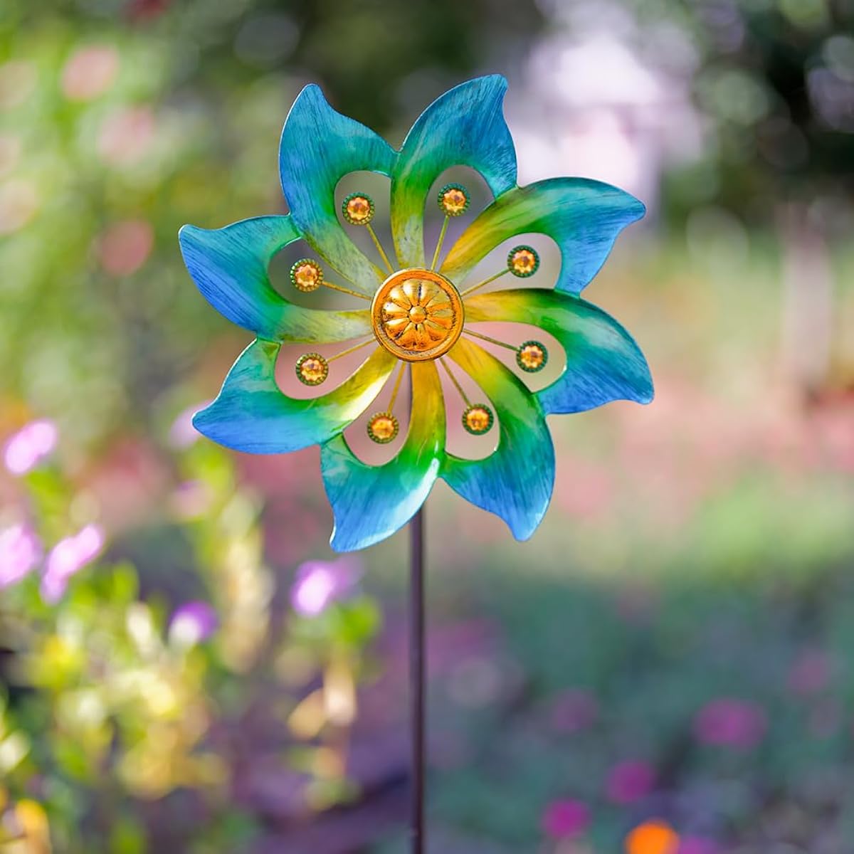 DREAMYSOUL Metal Garden Windmill 9.6" Diameter x 40" Height Kinetic Wind Spinner for Yard, Garden Art, Lawn Decoration (Cyan)