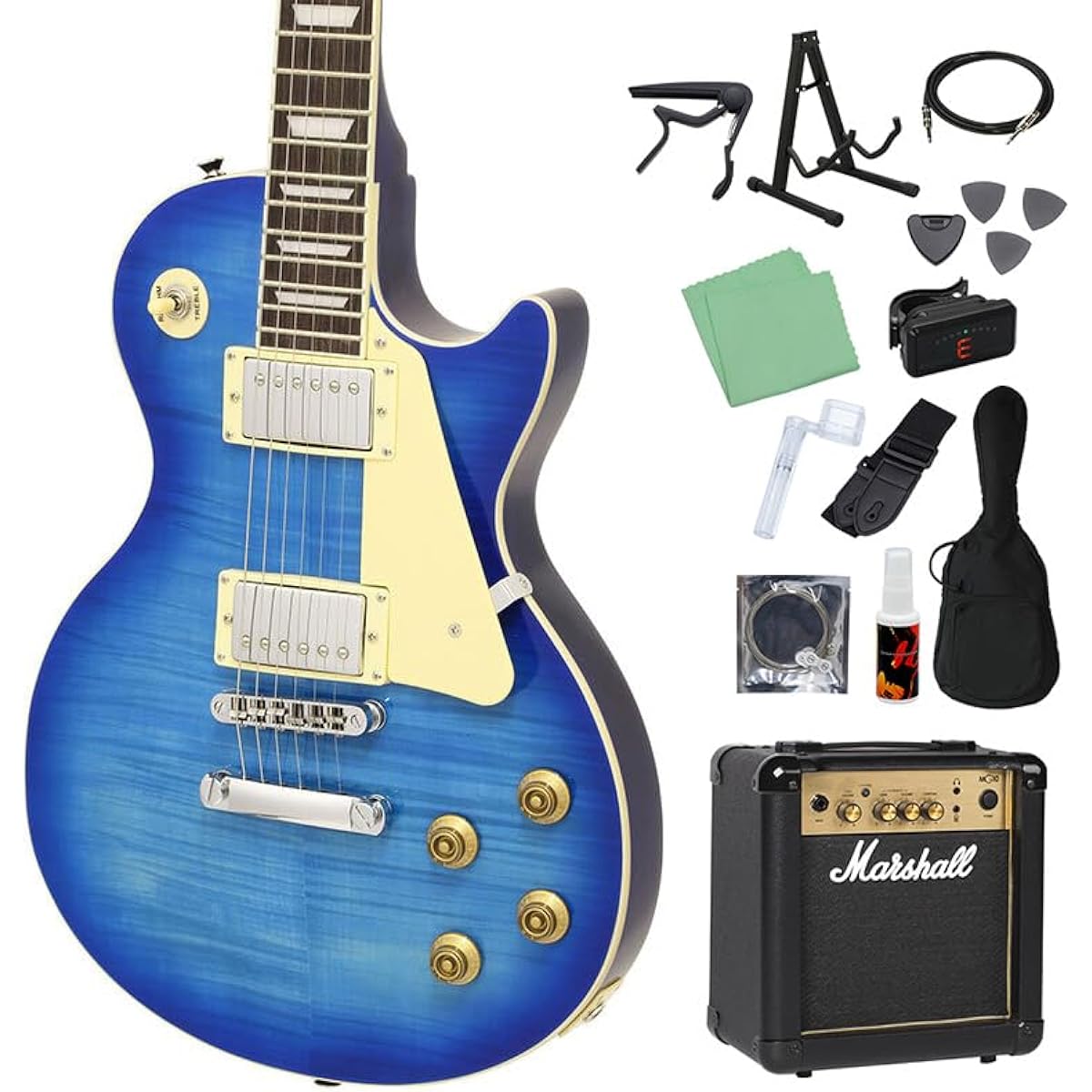 Blitz by AriaProII BLP-450 SBL Electric Guitar Beginner 14 Piece Set [With Marshall Amplifier] Les Paul Standard See-Through Blue Blitz