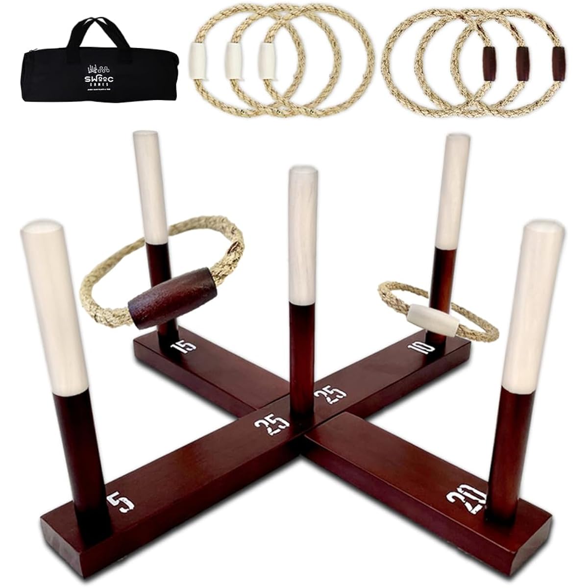 SWOOC Games - Rustic Ring Toss Outdoor Game (All Weather) - Includes 15+ Games - Vintage Wood & Rope Ring Toss Yard Game with Wide Grip Handle and Carry Case - Yard Toss Game for Kids & Families