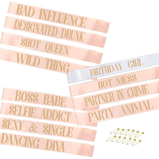 ANGREEL 12pcs Birthday Sash for Girls Women, 1pc White Birthday Girl Sash + 11pcs Rose Gold Satin Party Sash Set Birthday Party Gift Decoration Favors for Women Fun Party Supplies