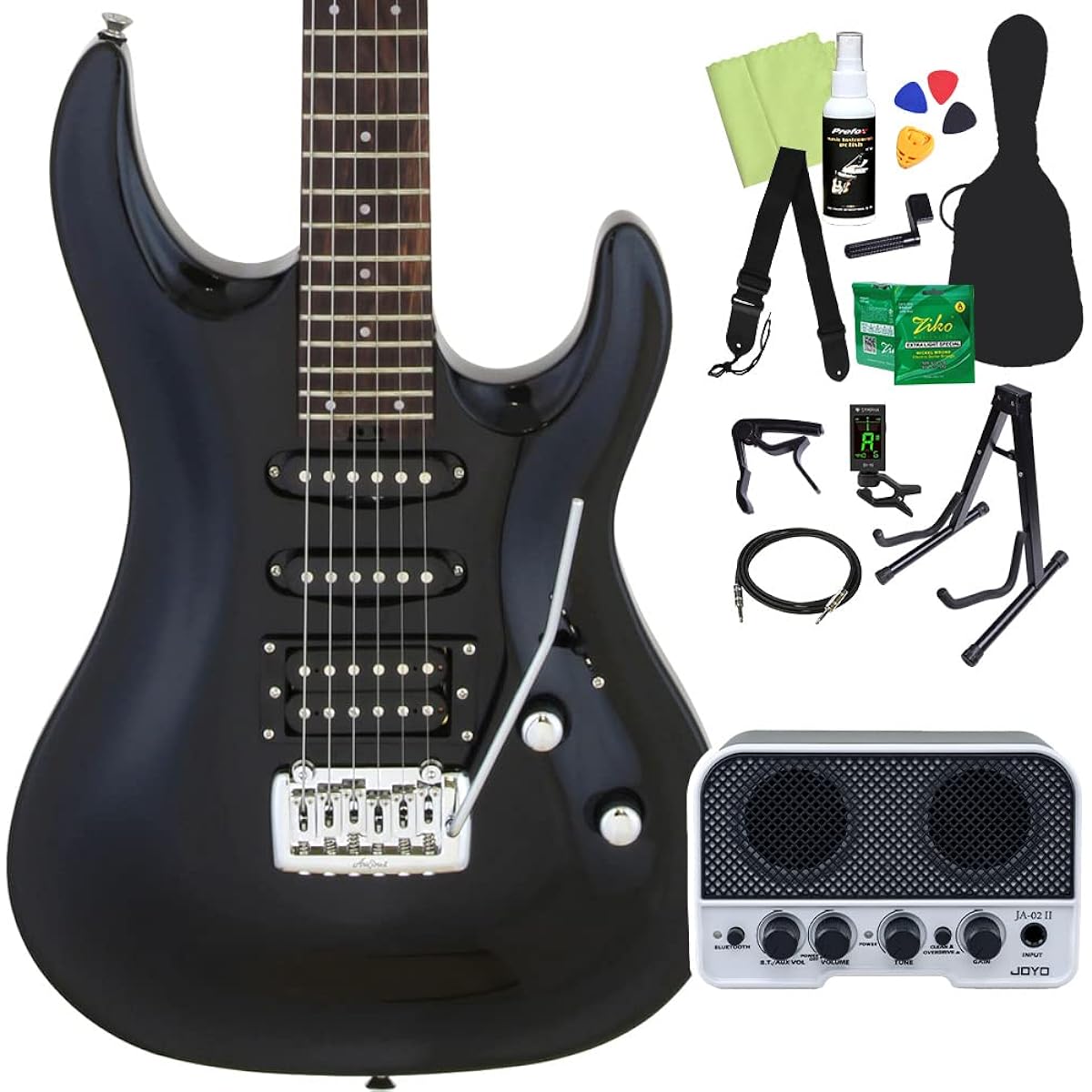 AriaProII MAC-STD Electric Guitar Beginner 14-piece Set [Includes Bluetooth Mini Amplifier] MBK-Metallic Black- 24 Frets SSH Pickup AriaPro II