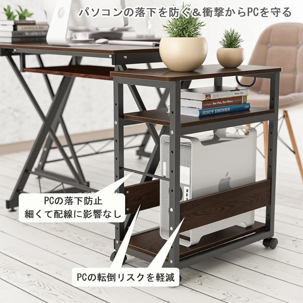 Computer Wagon PC Wagon CPU Wagon with Casters Desk Wagon 25mm x 25mm Steel Frame Adjustable Shelf Height Computer Storage Wooden Side Wagon Desk Side Wagon Storage Shelf with Handle 3 Tiers Office Storage Office Wagon Assembly 60 x 30 x 70cm