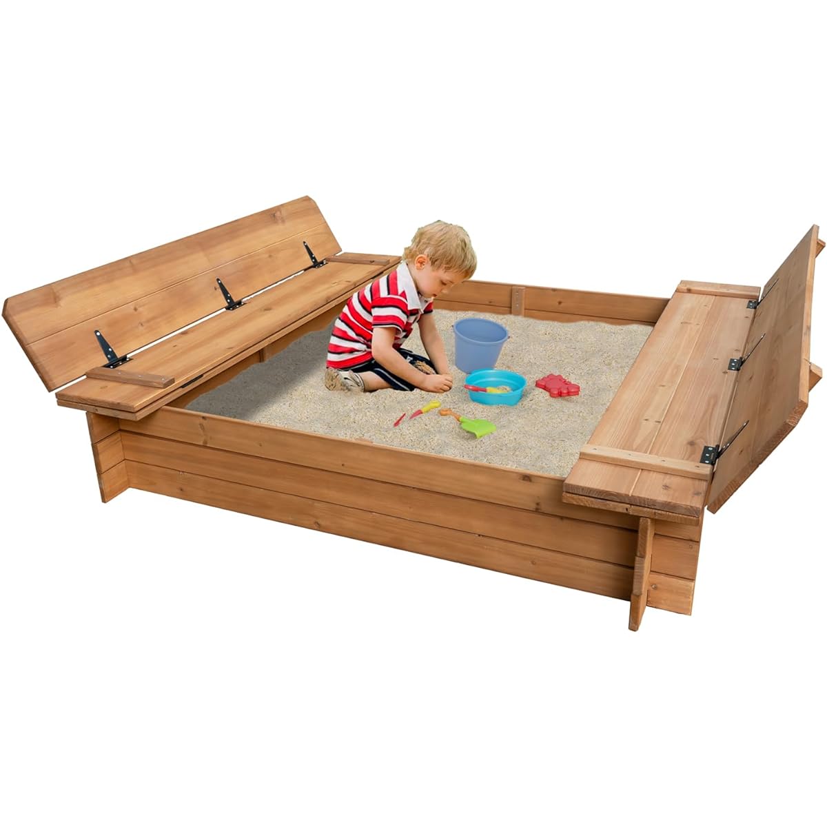 BIRASIL Wooden Sandbox with 2 Bench Seats for Ages 3-8, Sandbox for Backyard, Sandbox, Beach, Patio, Outdoor