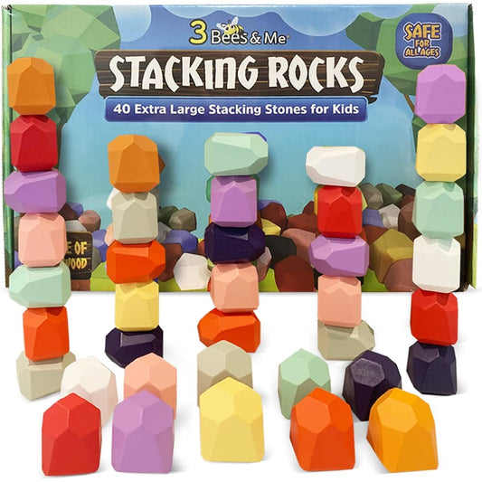 3 Bees & Me Wooden Stacking Rocks - 40 XL Balance Blocks & Stacking Stones for Kids & Toddlers - Sorting, Stacking, Building, Balance Stones Set Game Himiku Blocks Montessori Toys Lock Blocks