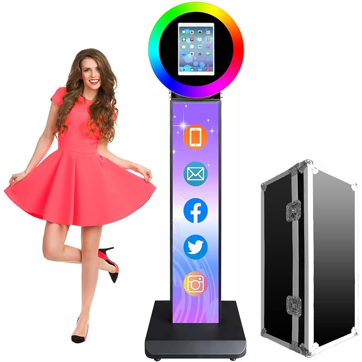 RDYMONKEY iPad Photo Booth Stand, Black Metal Shell iPad Photo Booth for 12.9" iPad, RGB Ring Light & Flight Case, Free Custom Logo, Remote Control, for Party & Exhibition Rental Business