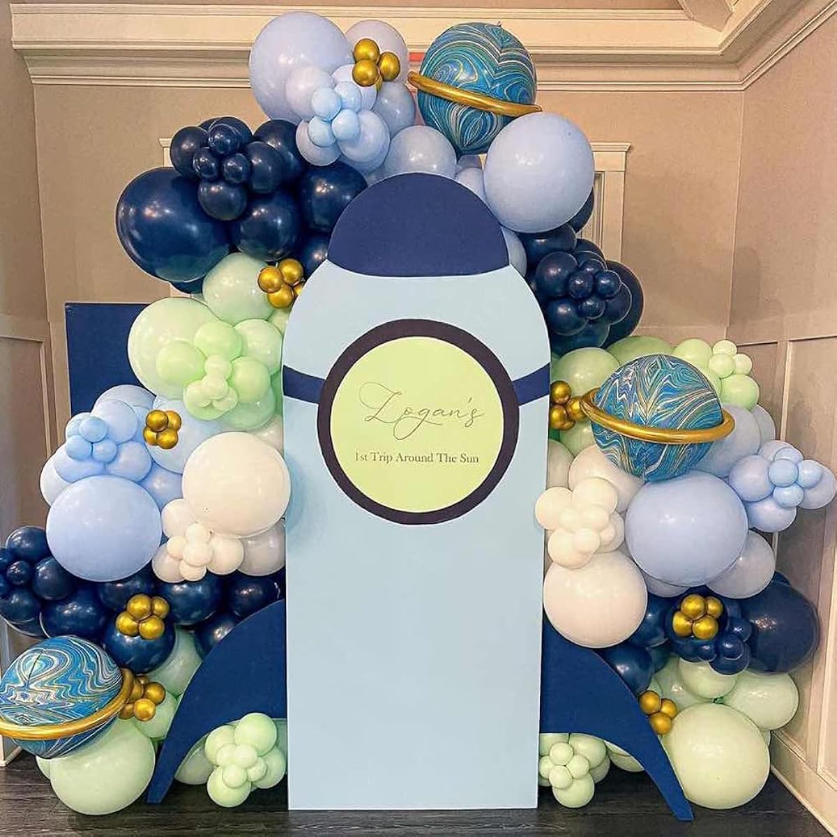 First Trip Around the Sun Birthday Party Decorations, 156pcs Blue Green White Balloon Arch Garland Kit for Boys Kids Space Galaxy Baby Shower 1st Birthday Party Decorations