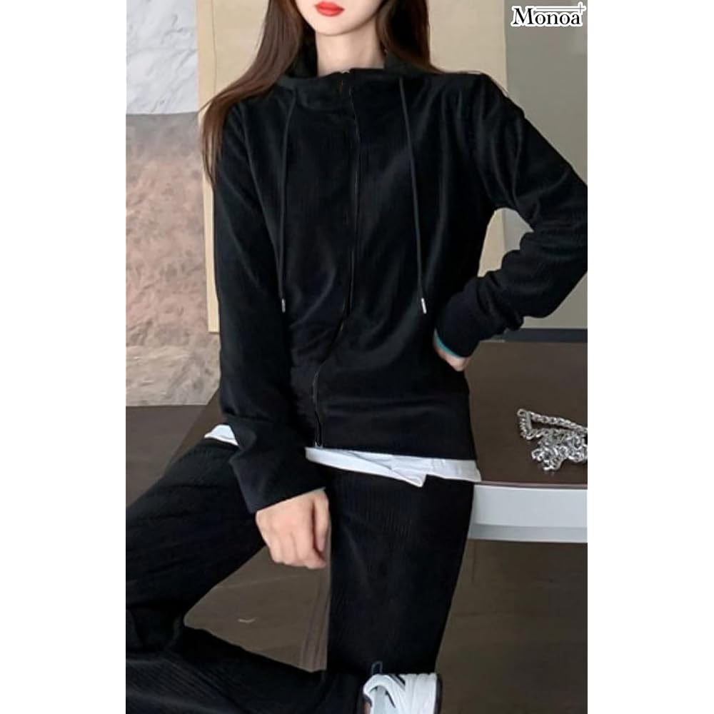 Monoa Jersey Top and Bottom Set Women's Long Sleeve Zip Up Hoodie Sweat Pants Corduroy Style Setup