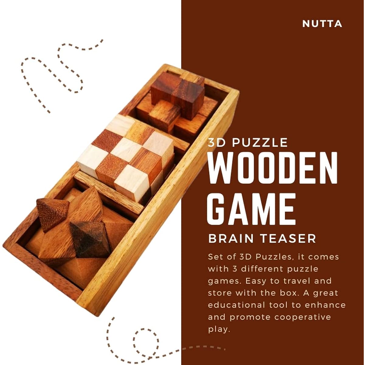 NUTTA - 3 Game Set Boxed Wooden Games 3D Puzzle Challenge Board Games for Family and Friends Fun Games for Teens and Adults Coffee Table Decor Wood Brain Teasers