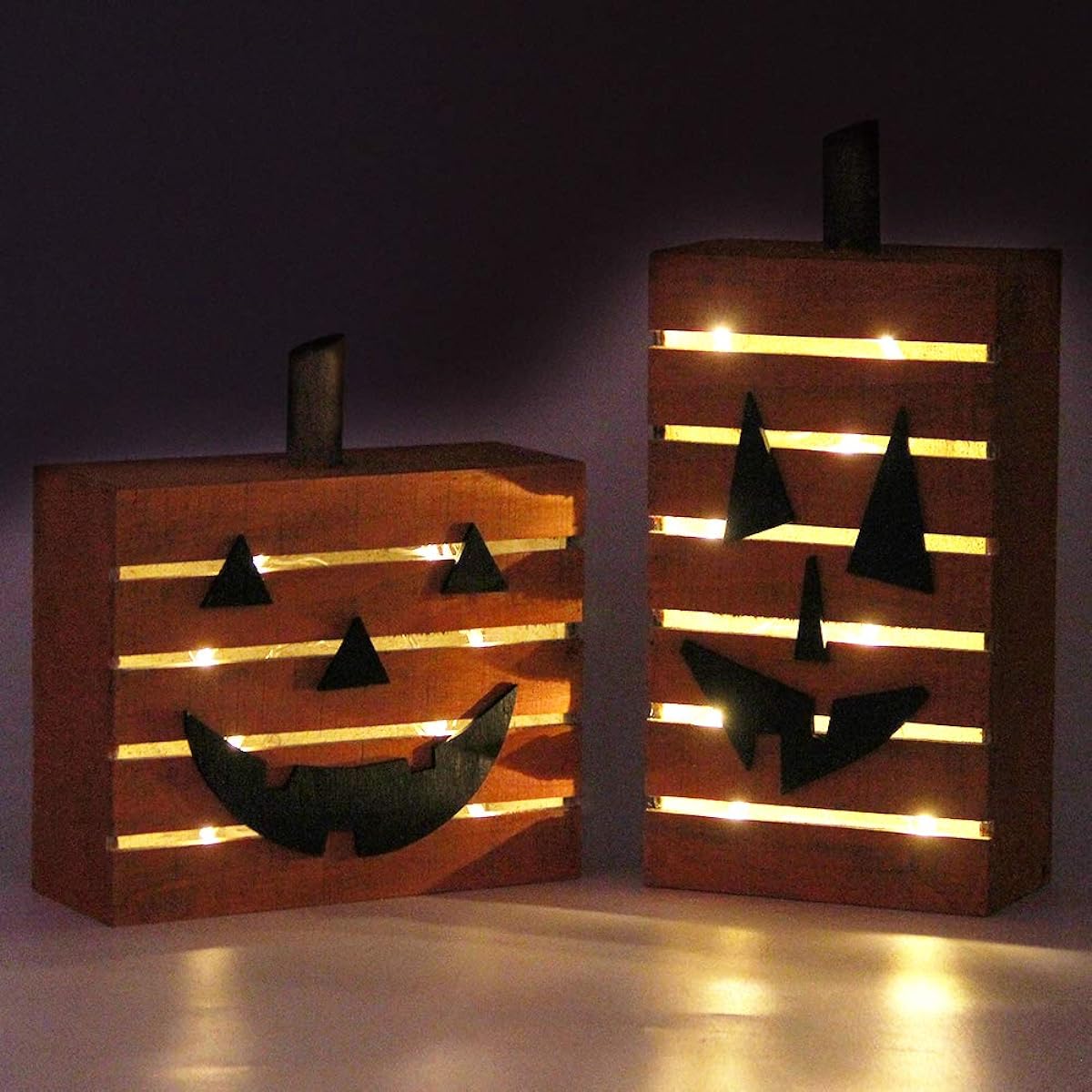 MorTime Pumpkin Wooden Lights Halloween Decorations Harvest Fall Thanksgiving Party Decor with LED Lights 2 Pack 2 pcs Yellow