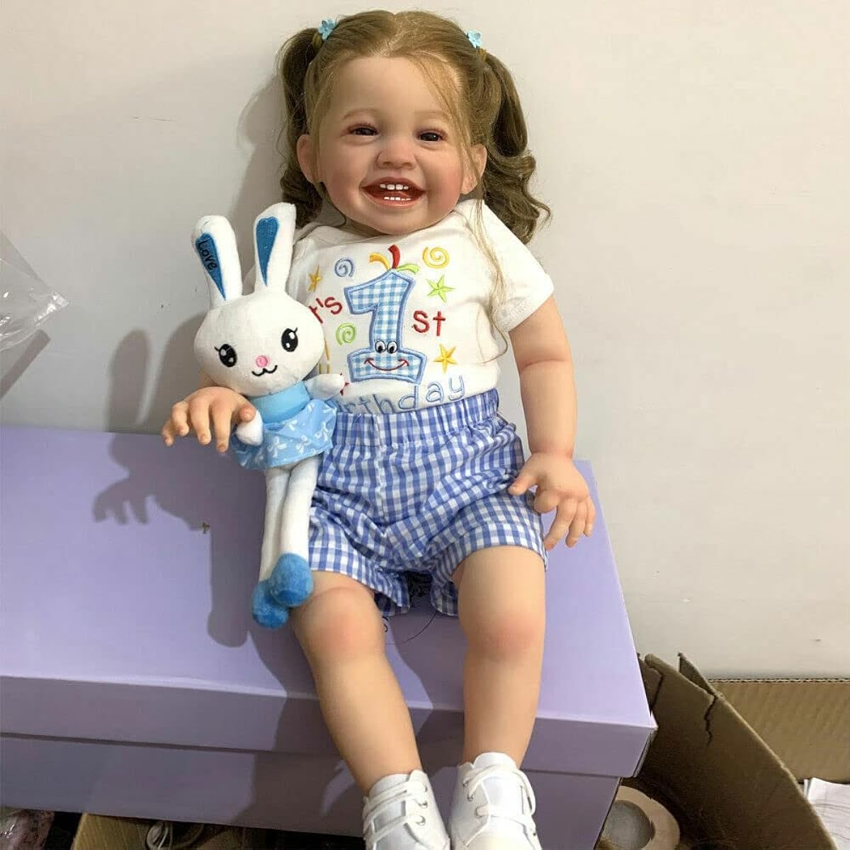 Meeler Reborn Doll 60cm Realistic Baby Doll Toy Smiling Cute Brown Hair Girl Newborn Reborn Limbs Silicone Vinyl and Cotton Body Handmade Realistic Looking Toddler Doll Kids Birthday Gift Toy