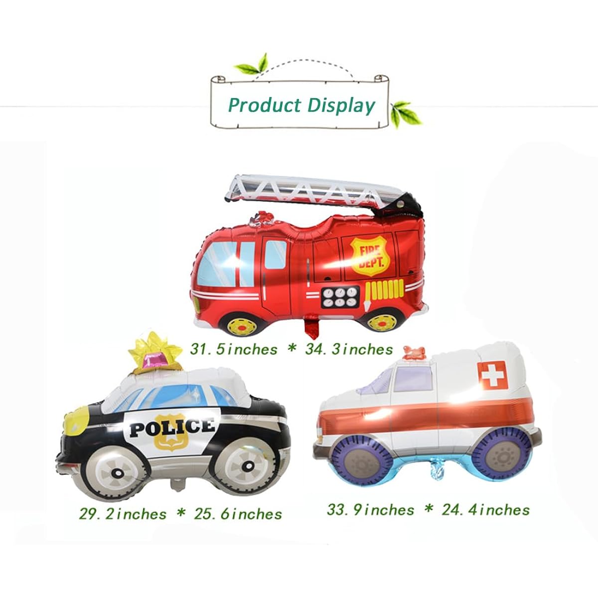 Morndew 7pcs Fire Truck Police Car Ambulance School Bus Tank Train Foil Balloons Car Balloons for Kids Birthday Party Baby Shower Decorations