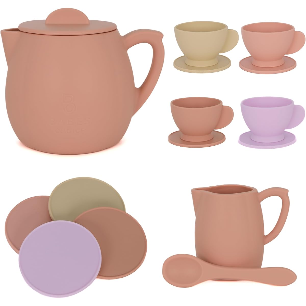 Babes Choice 12 Piece Silicone Tea Party Set for Little Girls - Pretend Play Eco Friendly BPA Free Kids Tea Set Dishwasher Safe Toddler Durable Toys (Tan)