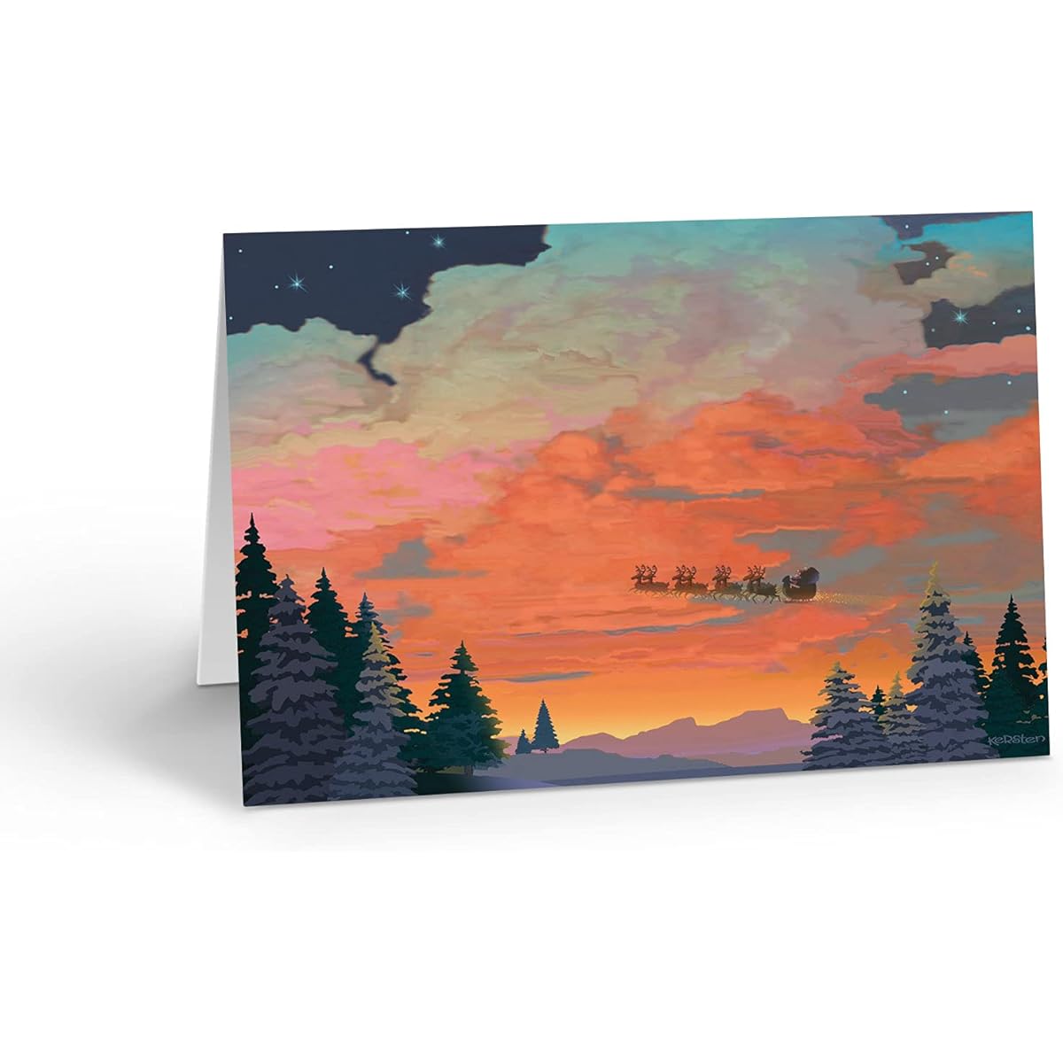 Stonehouse Collection Forest Sunset Santa - 18 Christmas Cards & Eveles - Flying Sleigh (Standard)