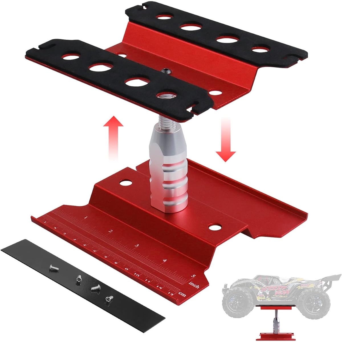 RC Car Work Stand Aluminum Alloy 360 Degree Rotation Lift RC Repair Tool Workstation Hobby Tool Kit for 1/8 1/10 1/12 Scale Traxxas Arrma Redcat RC Truck Buggy (Red)