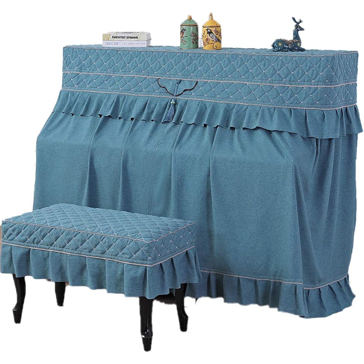 Piano cover, piano chair cover, upright piano cover, cotton, dust cover, durable, high-quality, elegant piano cover, stylish, cute, elegant, frills, suitable for widths 148-155cm (green B, piano cover + chair cover (single-seater type))