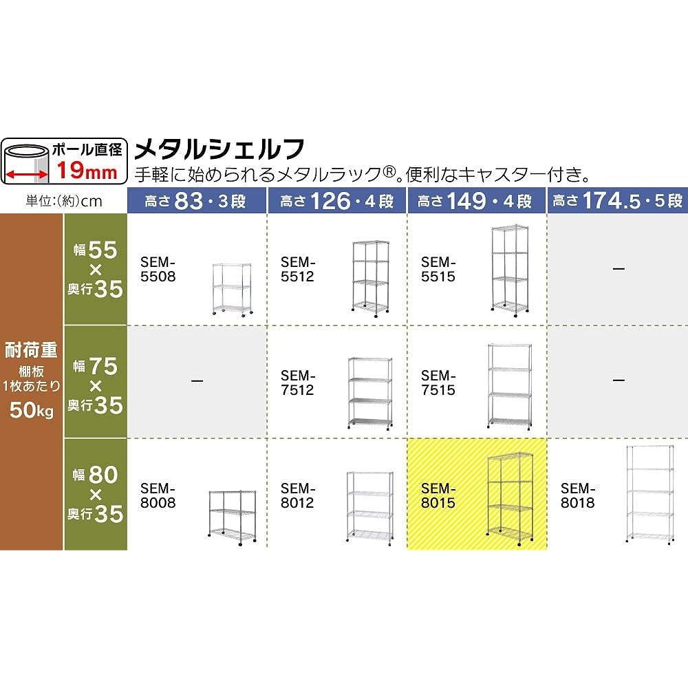 Iris Ohyama Rack Metal Rack Body 4 Tiers with Casters Rust Resistant Pole Diameter 19mm Width 80 x Depth 35 x Height 149cm Metal Shelf Steel Rack Rust Resistant Silver SEM-8015
