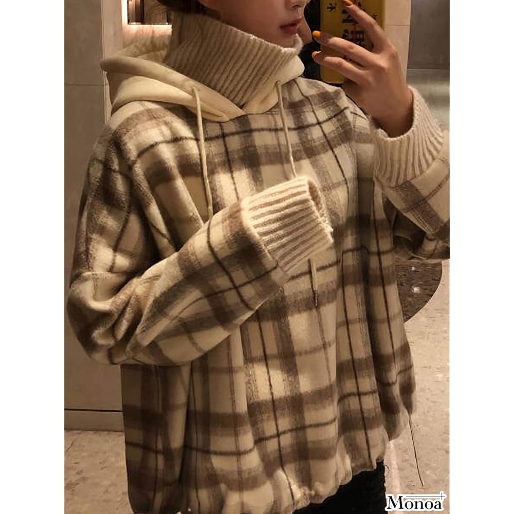 [Monoa] Parka, Plaid Pattern, Brushed Lining, Knit Collar, Layered Style Sweatshirt, Hooded Pullover, Women's Fashion