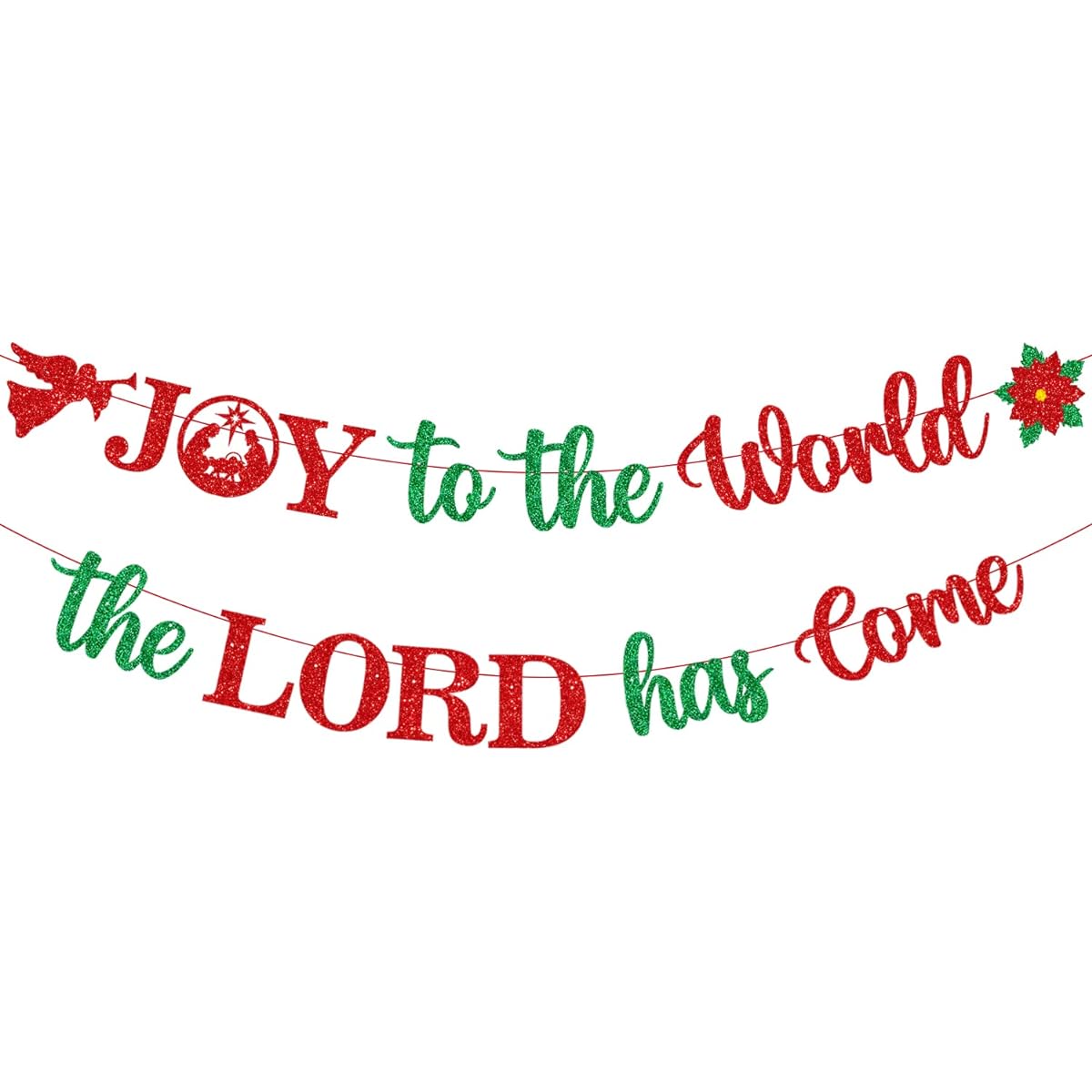 JKQ Red Green Glitter Joy to the World the Lord has Come Banner Christmas Nativity Scene Garland Banner Holy Family Christmas Jesus Nativity Party Decorations Owner Scene Religious Christmas Holiday Fireplace Mantle Supplies