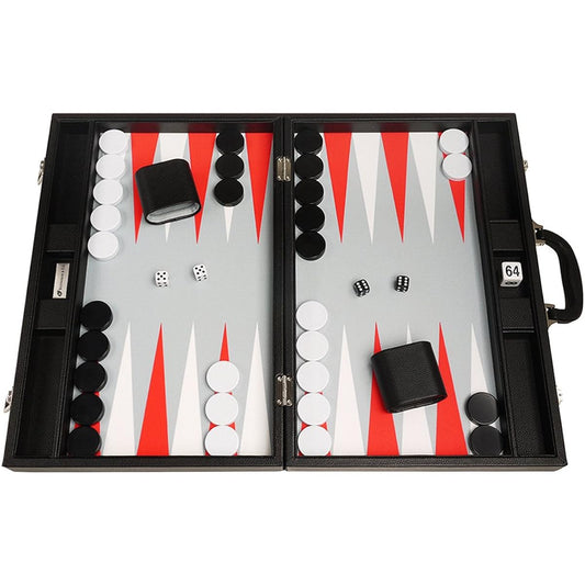 19-inch Premium Backgammon Set - Large Size - Black Board, White and Scarlet Red Points