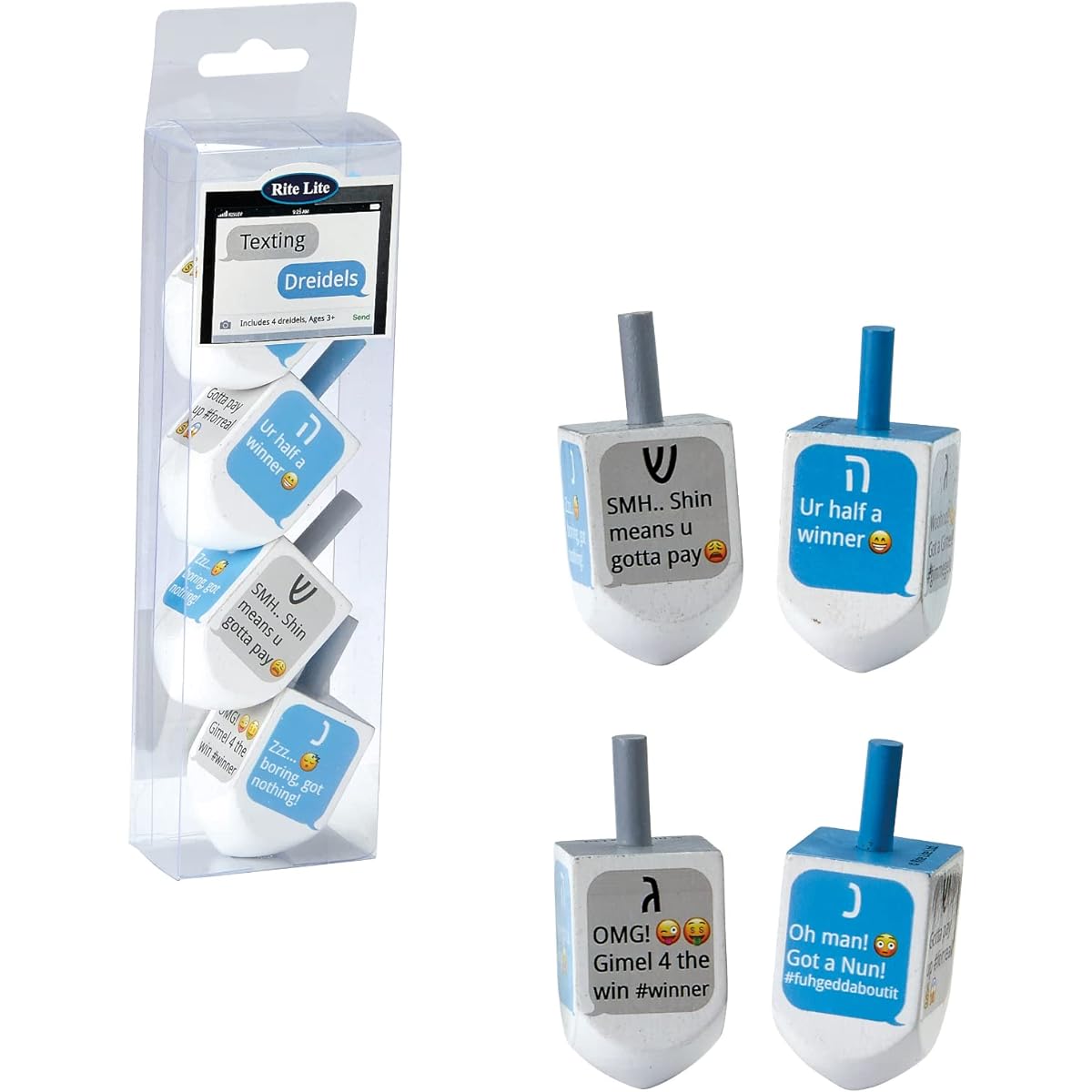 Rite Lite Set of 4 "Text Messages" Wooden Dreidel Hanukkah
