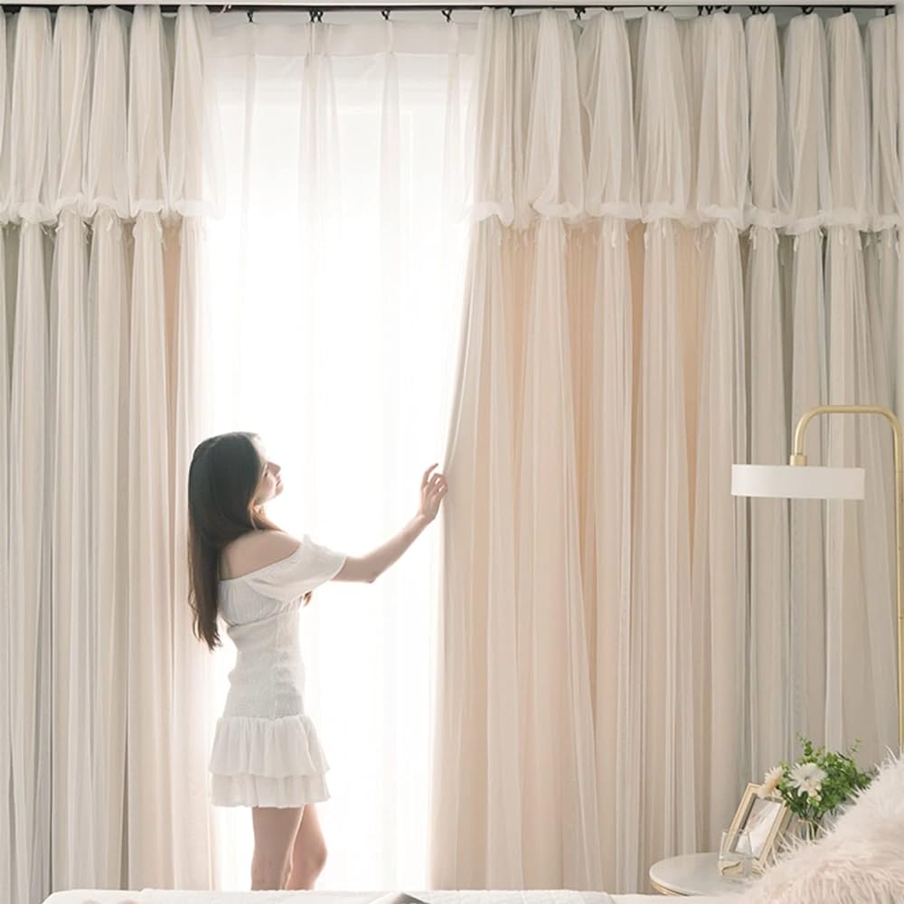 Princess Curtains, Blackout, Stylish, Frilled Curtains, Cute, Double Curtain Lace, Integrated, For Sweeping Windows, Waist Windows, Bay Windows, 90% Light Blocking Rate, Women's, Children's Rooms, Comes with Adjuster Hooks, Available to Order, Thermal In