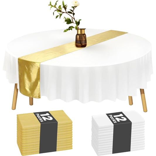 24 Pack 12x108 Inch Satin Table Runners 84 Inch Round Plastic Tablecloth Set Gold and White Disposable Round Table Covers for Wedding, Bridal Shower, Anniversary, Birthday Party Decorations