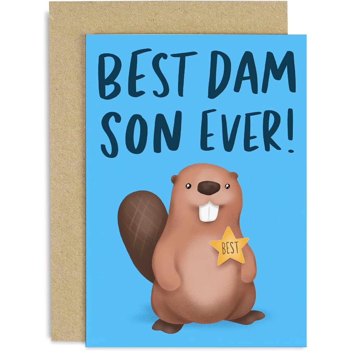 Old English Co. Best Damn Son Ever Birthday Greeting Card - Funny Beaver Pun Birthday Card for Son - Cute Card from Mom and Dad - Congratulations Well Done Son Card | Blank Inside with Envelope